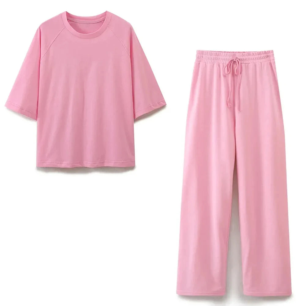 DUOPERI Women Fashion 2 Pieces Sets Solid Loose T-Shirt and High Elastic Waist Trousers Female Chic Lady Casual Pant Coordinates