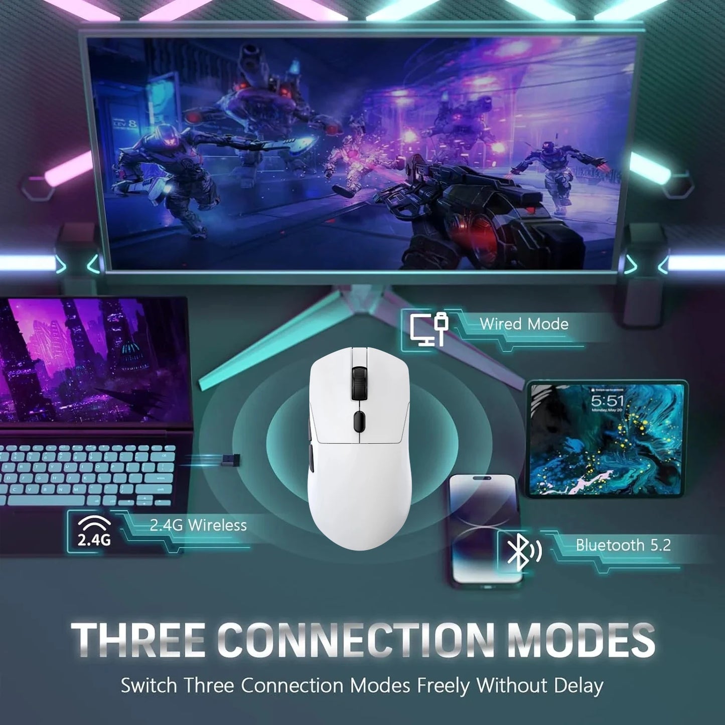 2026 New Wireless Gaming Mouse 500mAh, TYPEC Rechargeable  Mouse with 1000Hz Polling Rate, Compatible with Laptops and Desktops