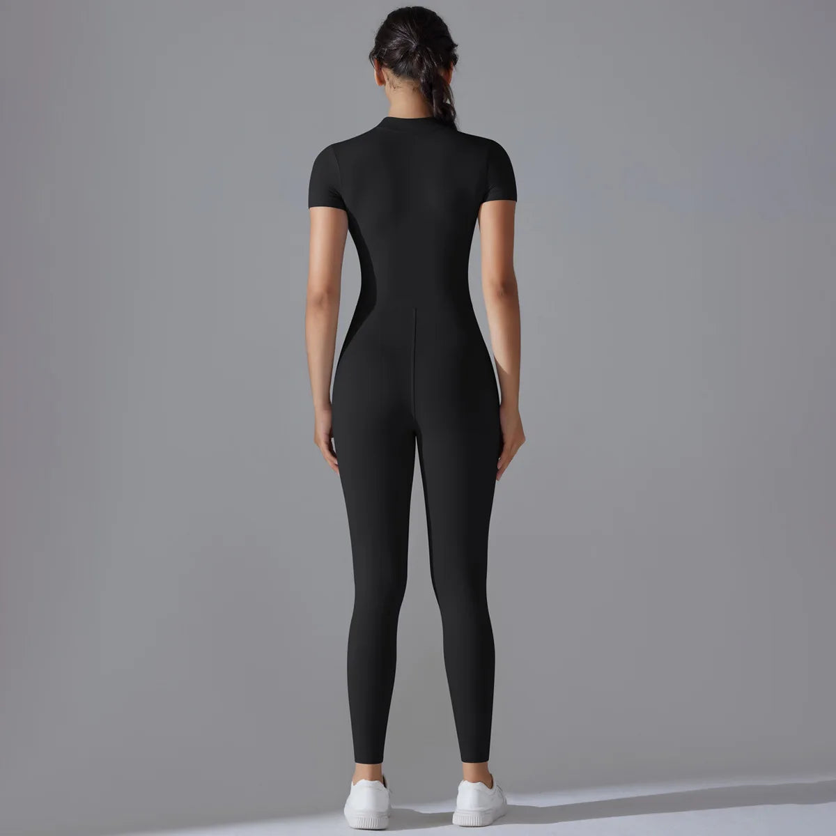 Zip-Front Yoga Jumpsuit - Quick-Dry Short Sleeve Fitness Bodysuit