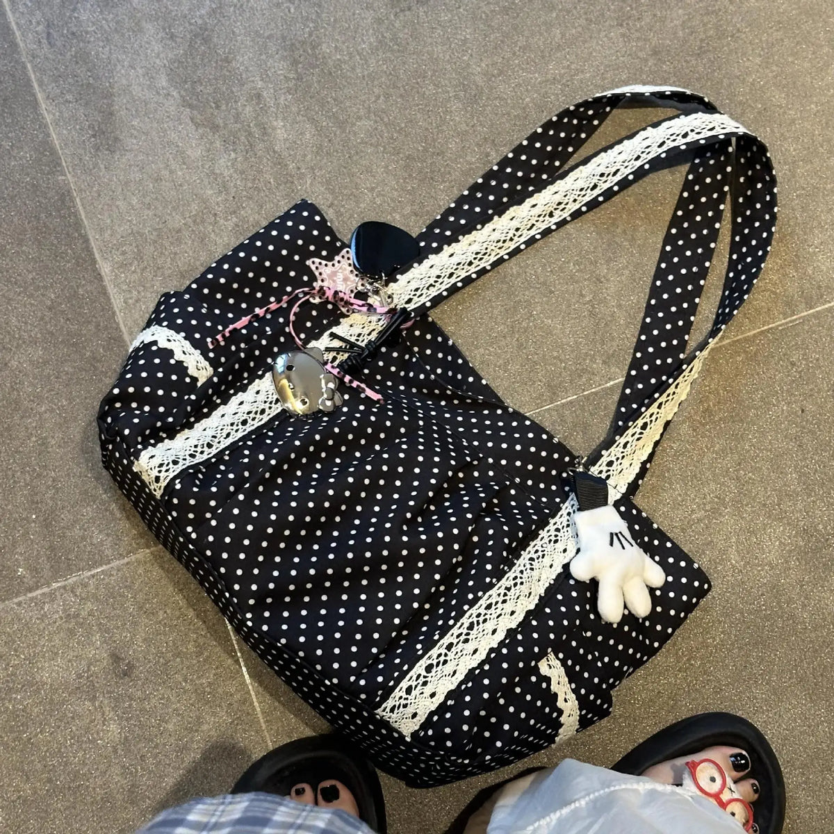 Women Niche Sweet Lace Shoulder Bag Korean Style Vintage Polka Dot Canvas Handbag Large Capacity Multi Pocket Commuting Tote Bag