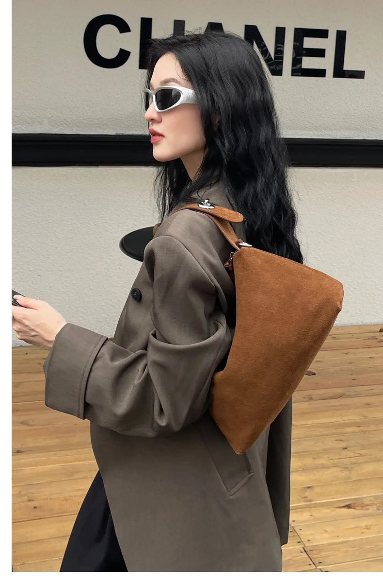 Wholesale Women Suede Bag Female Retro Frosted Cowhide Split Leather Armpit Shoulder Bag Lady Handbag Trendy Crossbody Messenger