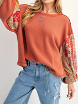 Printed Patchwork Crew Neck Hoodie