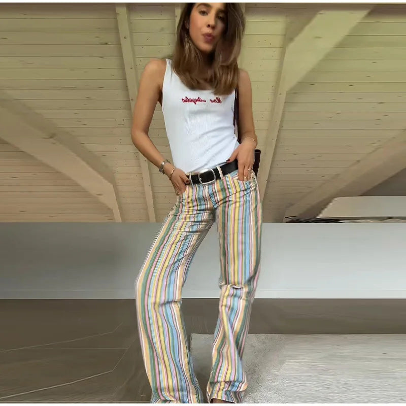 Street Striped Jeans Women's High-Waist Pockets Wide-Leg Trouser 2026 Spring Summer Retro Multicolor Vertical Stripe Denim Pant