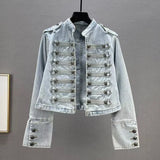Spring Autumn Vintage Blue Slim Short Jeans Jacket Women Stand Collar Multi-breasted Design Long Sleeve Denim Jacket  Streetwear