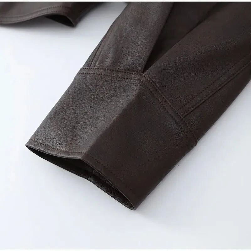 Women Vintage Brown Leather Jacket Lapel Padded Shoulder High Waist Leather Coat With Belt 2025 Lady Autumn Fashion Short Coats