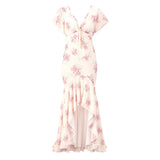 Flutter Sleeves Slim Long Dress Women Casual Pleated Deep V-neck Floral Print High Waist Dresses 2026 Lady Summer Holiday Wear