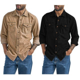 Men's Denim Shirt Slim Fit Light Blue Long Sleeve Casual Top with Two Chest Pockets Button Front Copper Buttons Washed Gray