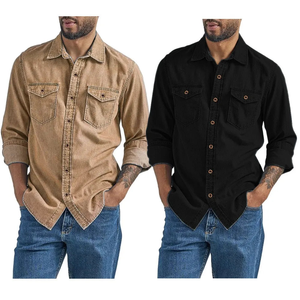 Men's Denim Shirt Slim Fit Light Blue Long Sleeve Casual Top with Two Chest Pockets Button Front Copper Buttons Washed Gray