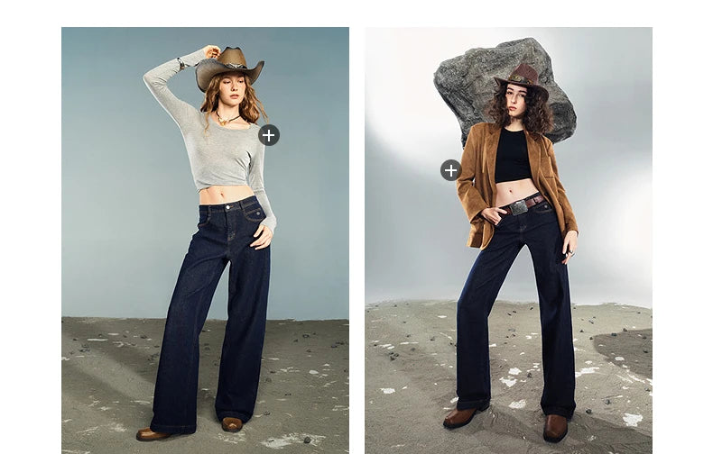 TOYOUTH Women Denim Jeans 2025 Autumn New Lycra Stretch Washed Wide Leg Straight Long Pants