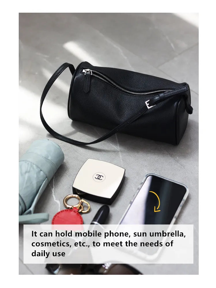 Full Grain Leather Soft Balck Small Size Crossbody Bags For Women Luxury Adjustable Shoulder Strap Underarm Bag Portable Handbag