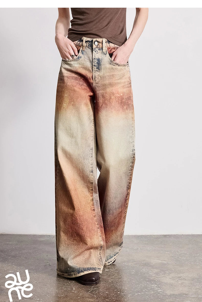 TOYOUTH Women Jeans 2026 Spring New Wilderness Wasteland Style Mid Low Waist Loose Printed Wide Leg Pants