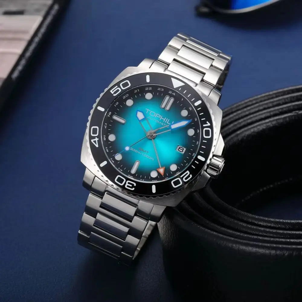 TOPHILL 43mm NH34 GMT Men Watch Automatic Mechanical Wristwatch 300M Dive Sapphire Ceramic Bezel Luxury Luminous 3H Date TD012G