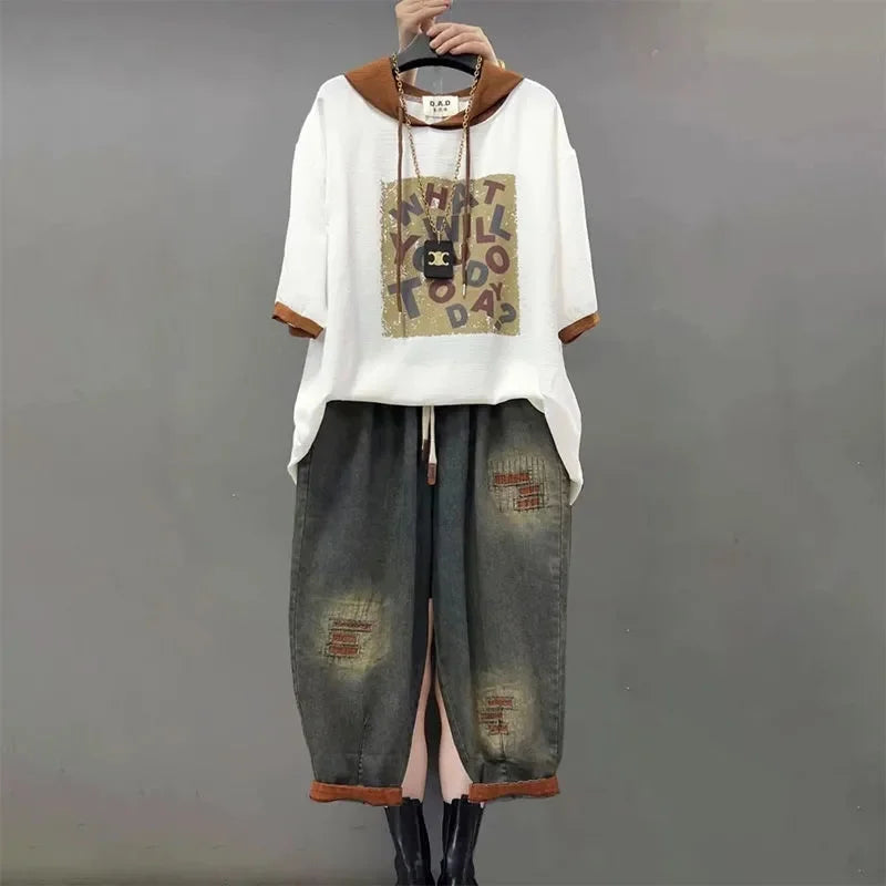 Jeans Set Women Denim Pants Two Piece Set 2025 New Loose Plus size Casual Suit Female Fashion Hooded Printed Jeans Sets