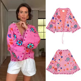 Chic Embroidered Women's Jacket – V-Neck Lace-Up Coat