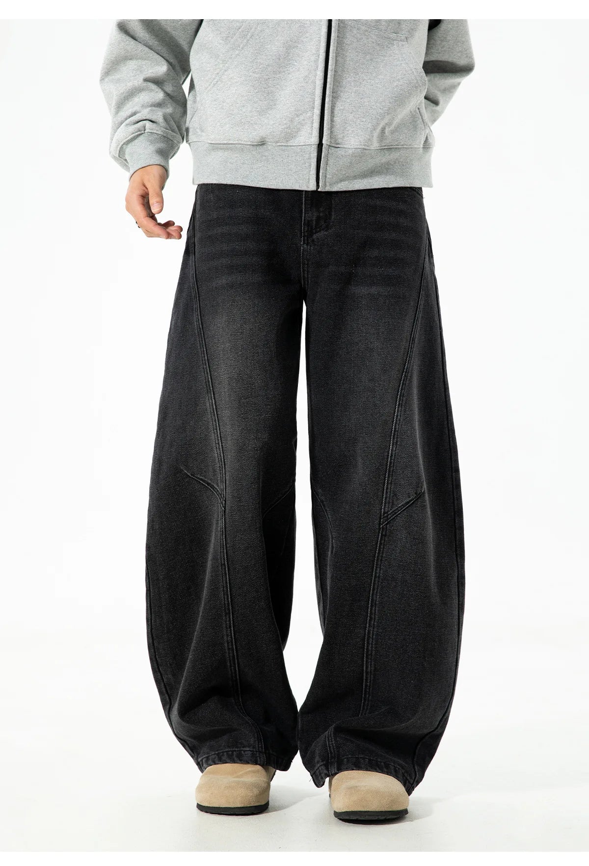 Autumn Retro Structured Split Washed Distressed Curved Jeans with Men's Silhouette Loose Straight Leg Pants Trendy Street Style