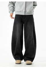 Autumn Retro Structured Split Washed Distressed Curved Jeans with Men's Silhouette Loose Straight Leg Pants Trendy Street Style