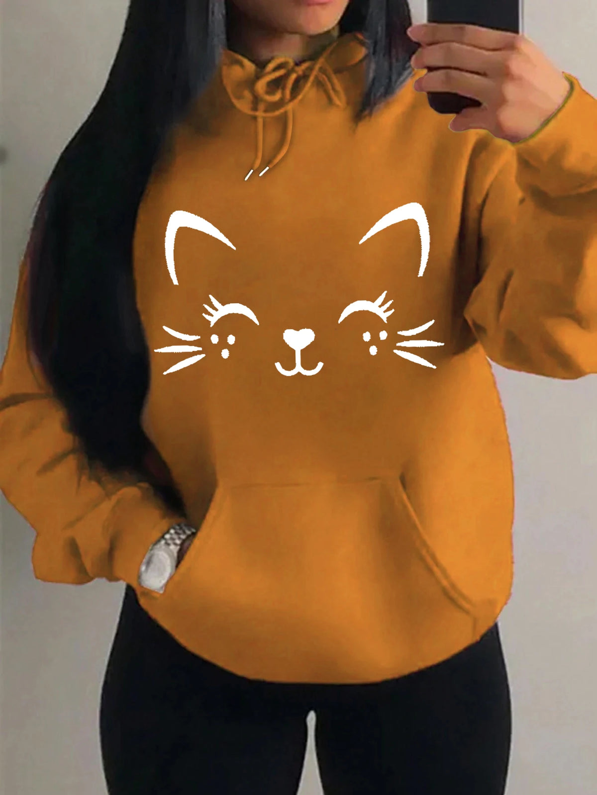 Women's Playful Cat Graphic Fleece Hoodie