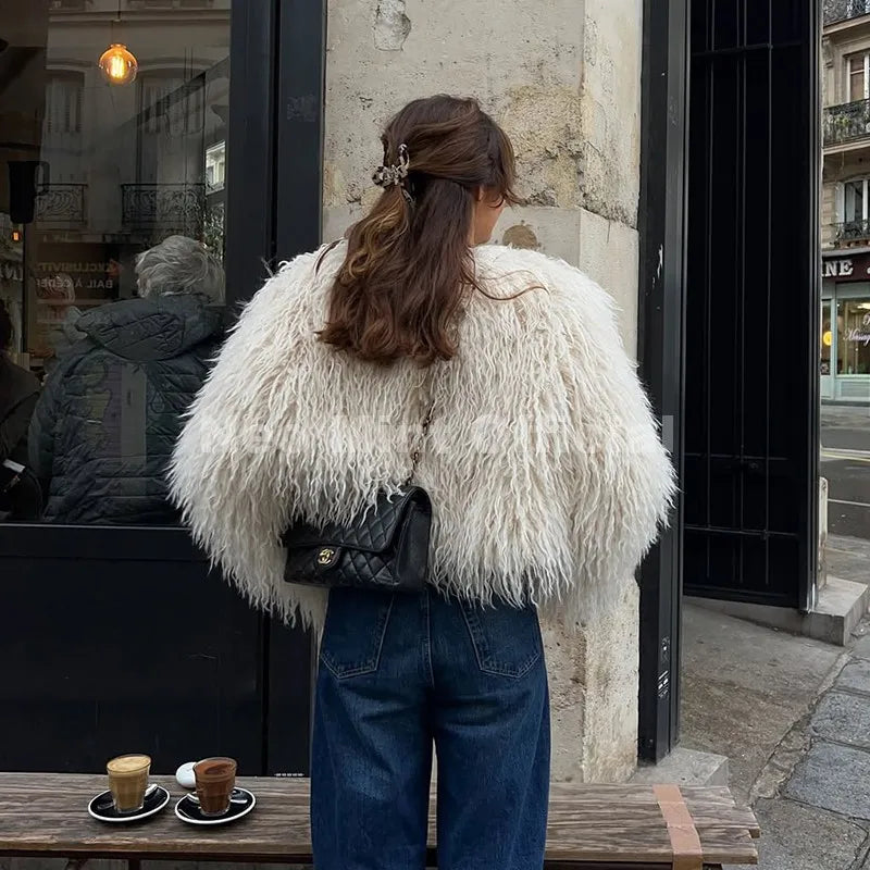 Chic Faux Mongolia Sheep Fur Cropped Jacket
