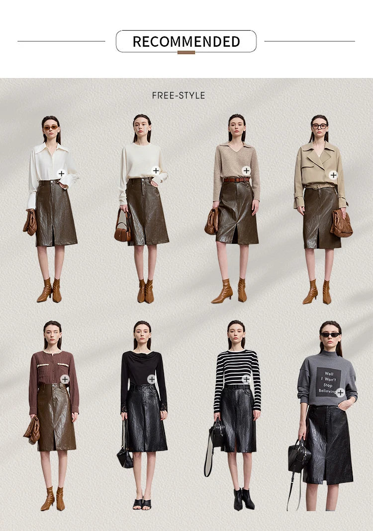 AMII Minimalist PU Leather Skirt for Women
