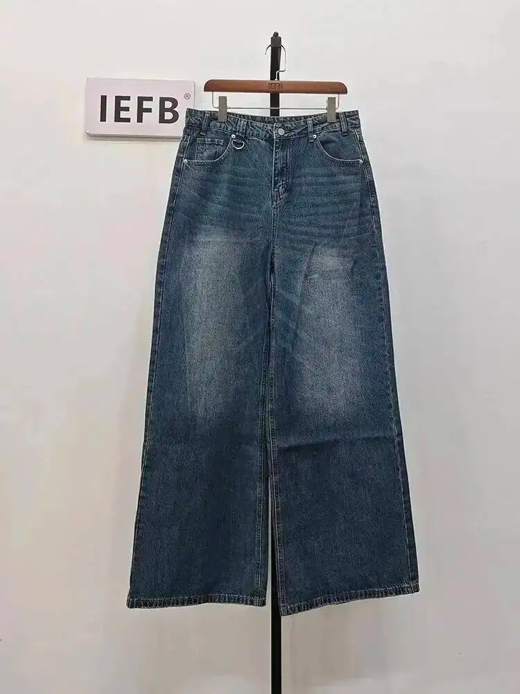 Men's Washed Blue Loose Straight-Leg Jeans