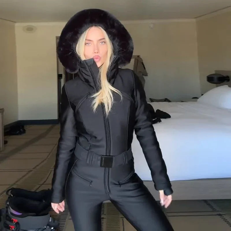 Elegant Faux Fur Hooded Women's Ski Jumpsuit