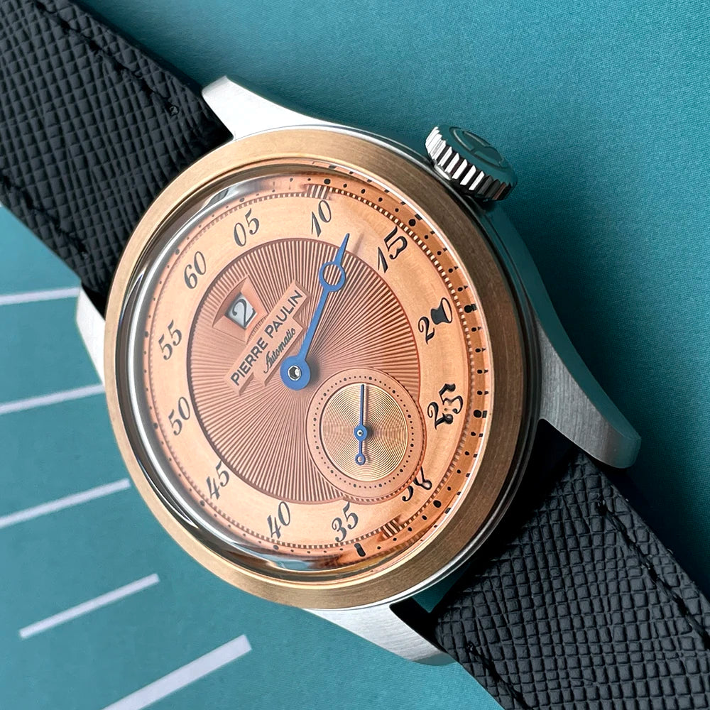 Pierre Paulin Jumping Hour Watch for Men Bronze Ring Vintage Salmon Dial Automatic Watches Reloj Hombre