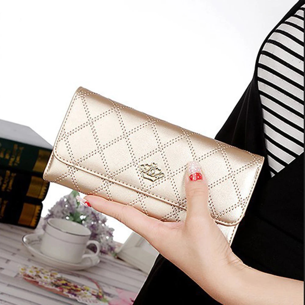 Women PU Leather Black Long Wallet Diamond Pattern Purse Large Capacity Card Holder Crown Buckle Ladies Phone Bag Girls Gifts