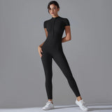Zip-Front Yoga Jumpsuit - Quick-Dry Short Sleeve Fitness Bodysuit