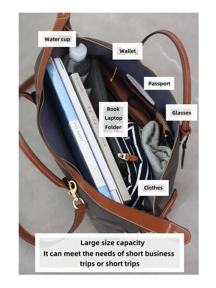 Women's Nylon With Genuine Leather Zipper Tote Lightweight Soft Travling Bags Versatile Style Handbag Different Colors And Size