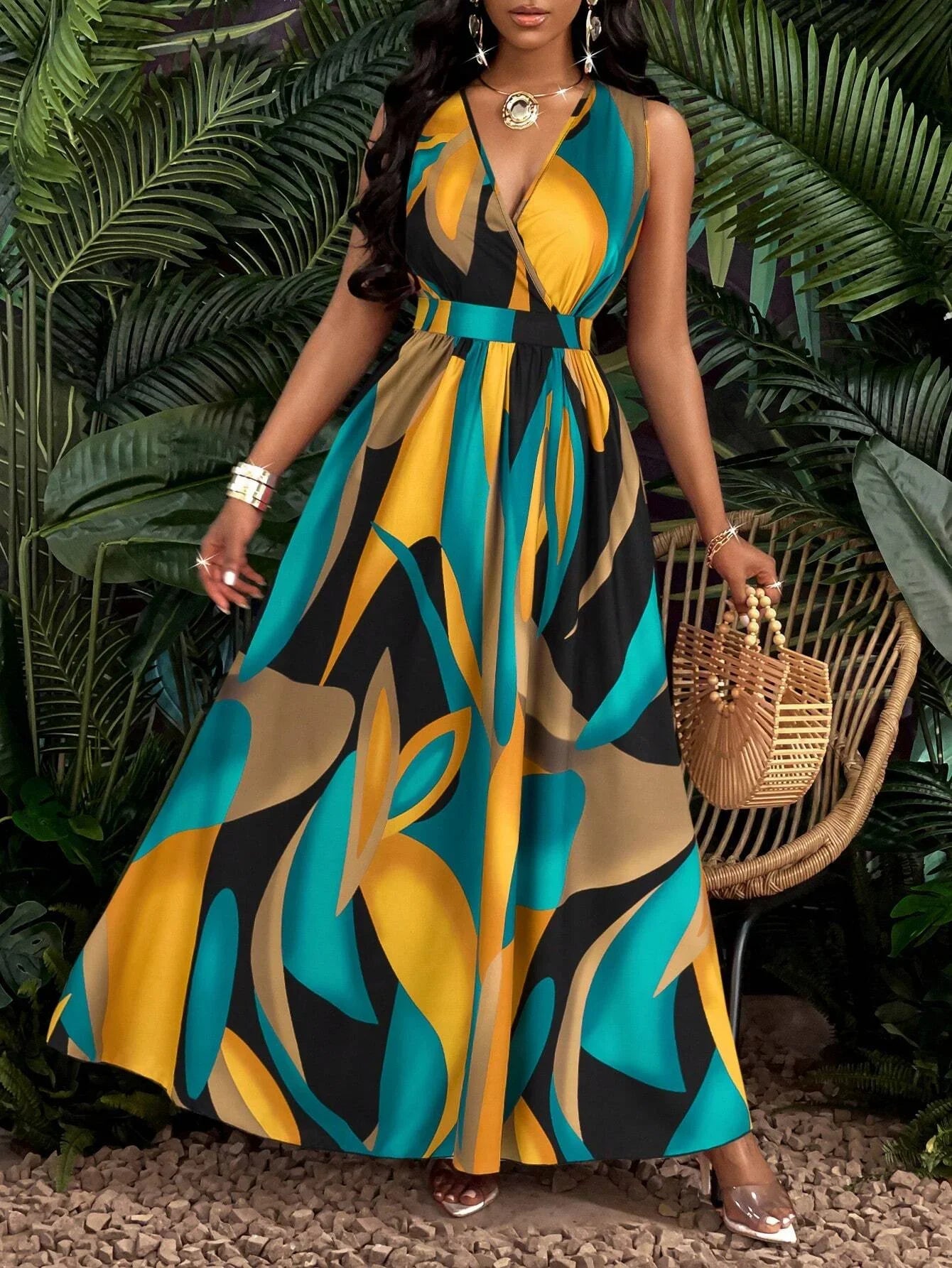 Abstract Print Sleeveless V-Neck Maxi Dress