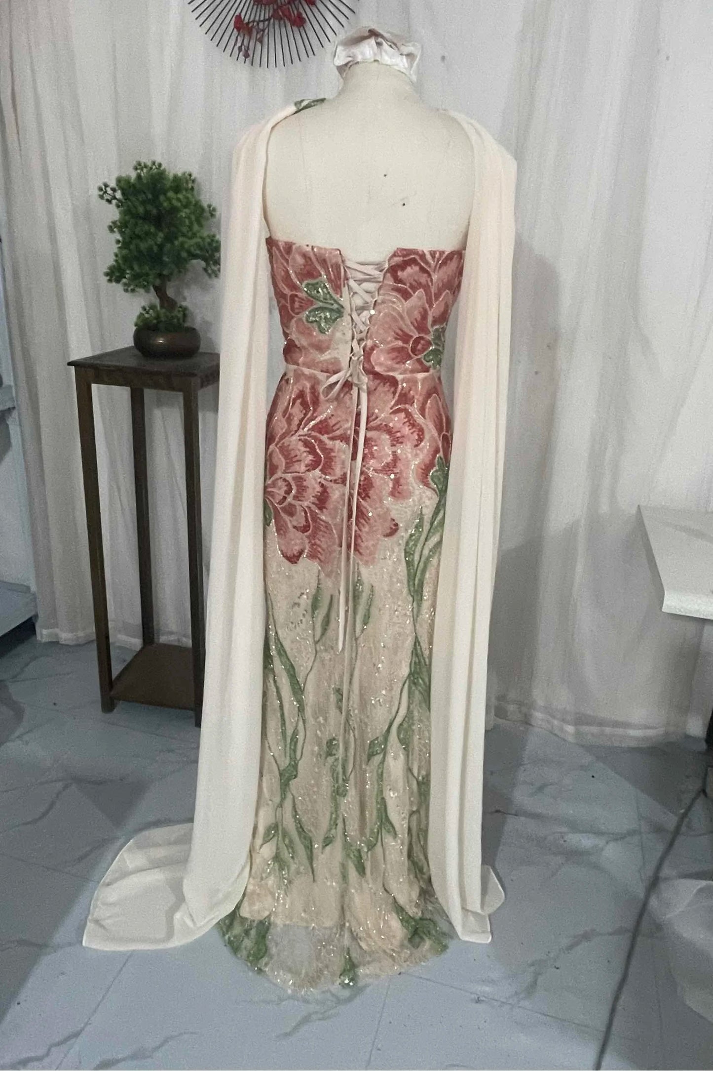 Embroidered Floral Sequin Mermaid Gown with Detachable Shawl
