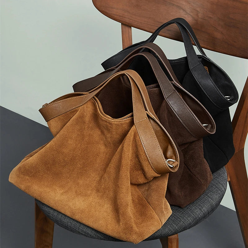 BURMINSA Genuine Suede Leather Hobo Bags Women Vintage Designer Large Shoulder Crossbody Tote Slouchy Soft Office Work Handbags