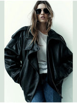 Stylish Pu Leather Jacket Stand-collar Loose Long Sleeved Coat Cool Casual Chic Versatile Outerwear New Autumn Women Streetwear