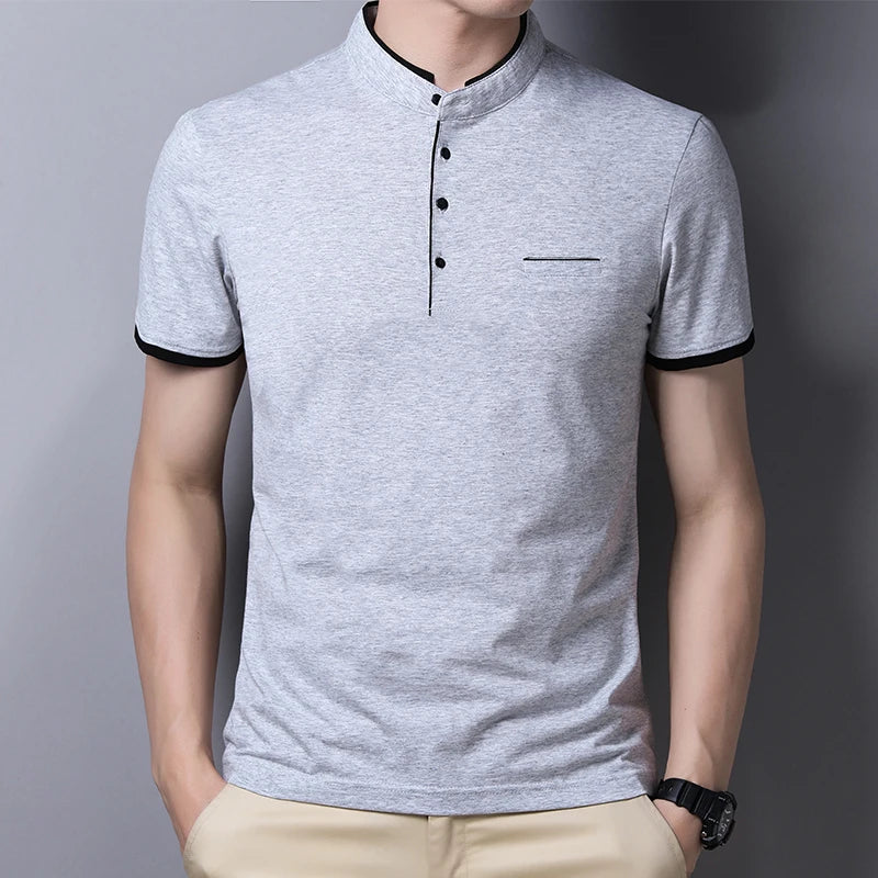 Men's Stand Collar Polo Tee – Solid, Anti-Wrinkle