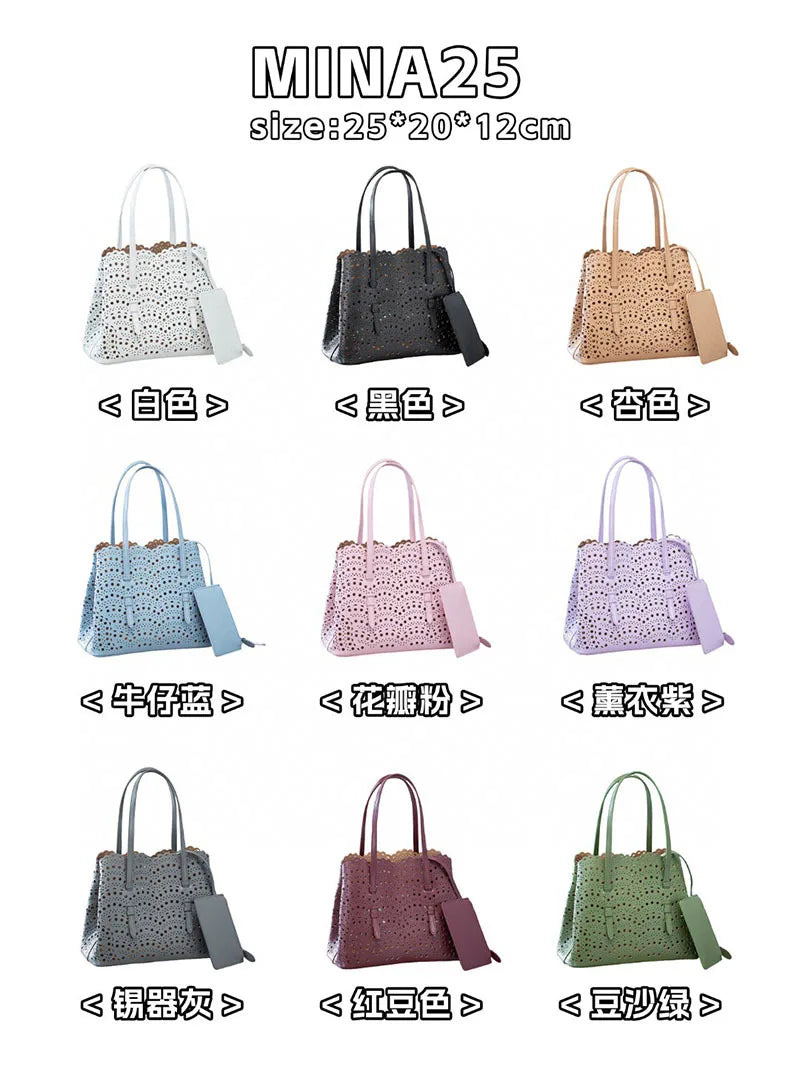 New Tote Bag French Cowhide Handmade Bag Niche Laser Engraved Hollow Leather Vegetable Basket Bag Casual Versatile Temperament