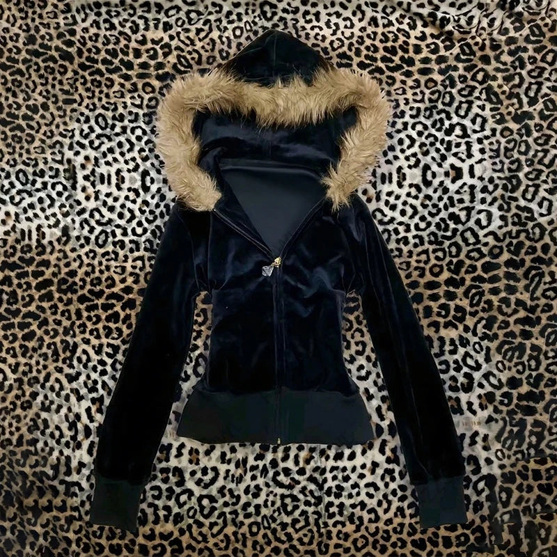 Pink leopard print hooded zipper long-sleeve sweatshirt for spring and autumn comfortable slim fit fashionable street wear 2000s