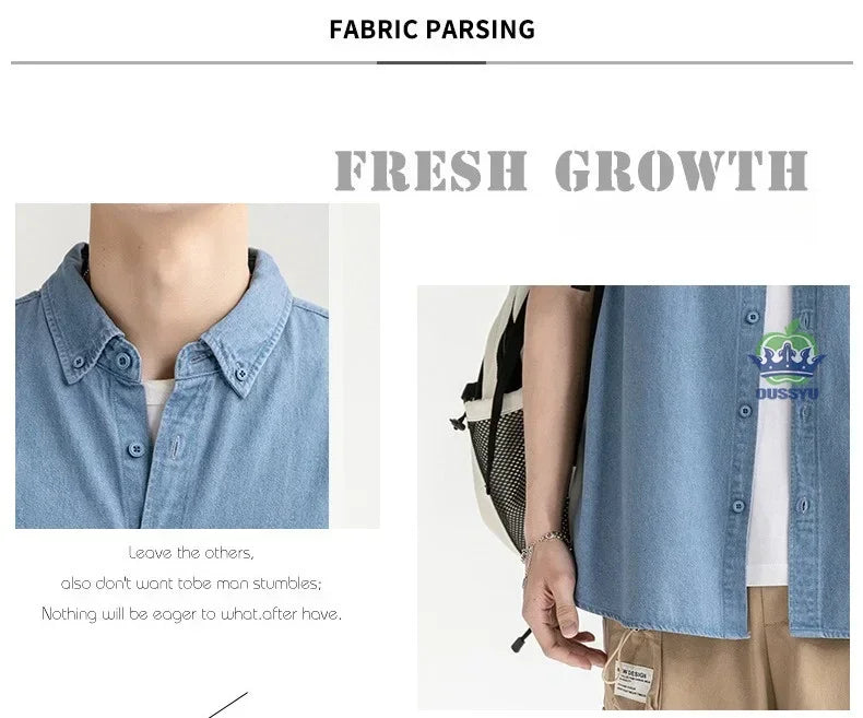 Men's Denim Shirt Long Sleeve Casual Outerwear Youth 2026 Fashion Streetwear Light Blue Button Up Top with Pockets Jeans Shirt