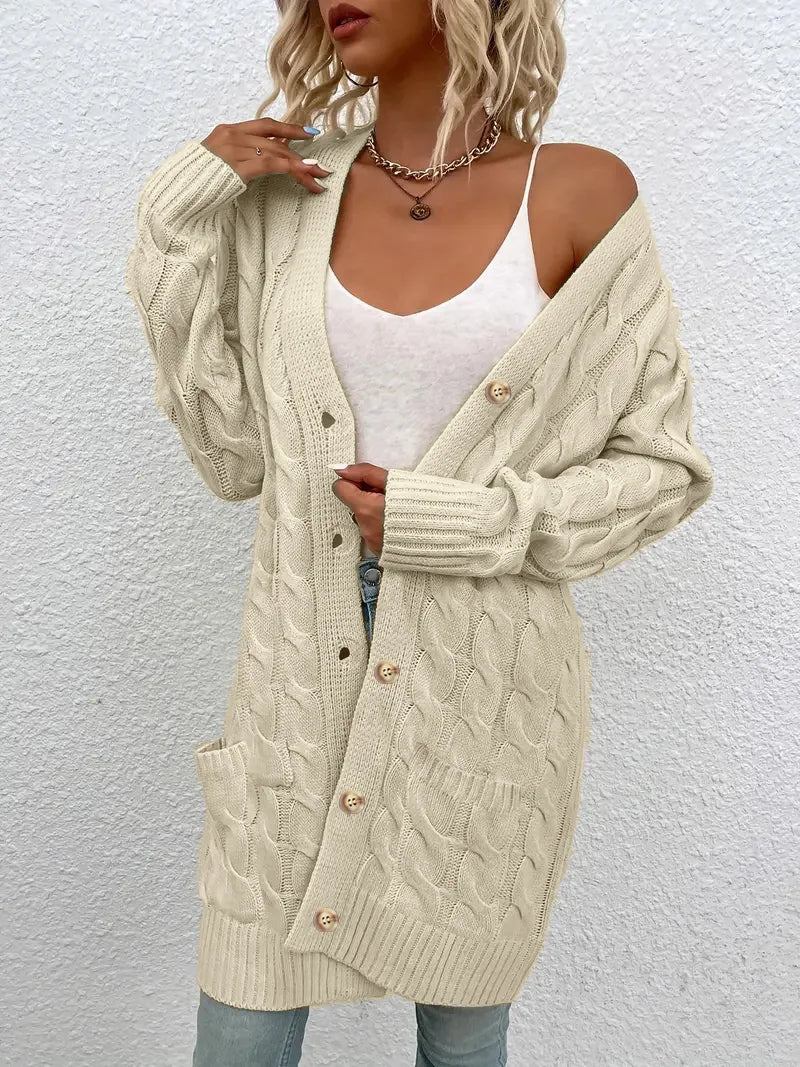 Women's Long Twisted-Knit Button-Front Cardigan Sweater