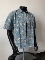 2025 Summer New Floral Short Sleeve Men's Denim Shirt Thin American Retro Layered Wear Outerwear Jacket Breathable Polyester