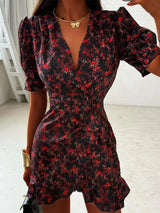Women Elegant Printed Short Dress Chic V-neck Short Sleeve A-line Bodycon Mini Dresses 2026 Lady New Summer Vacation Street Robe