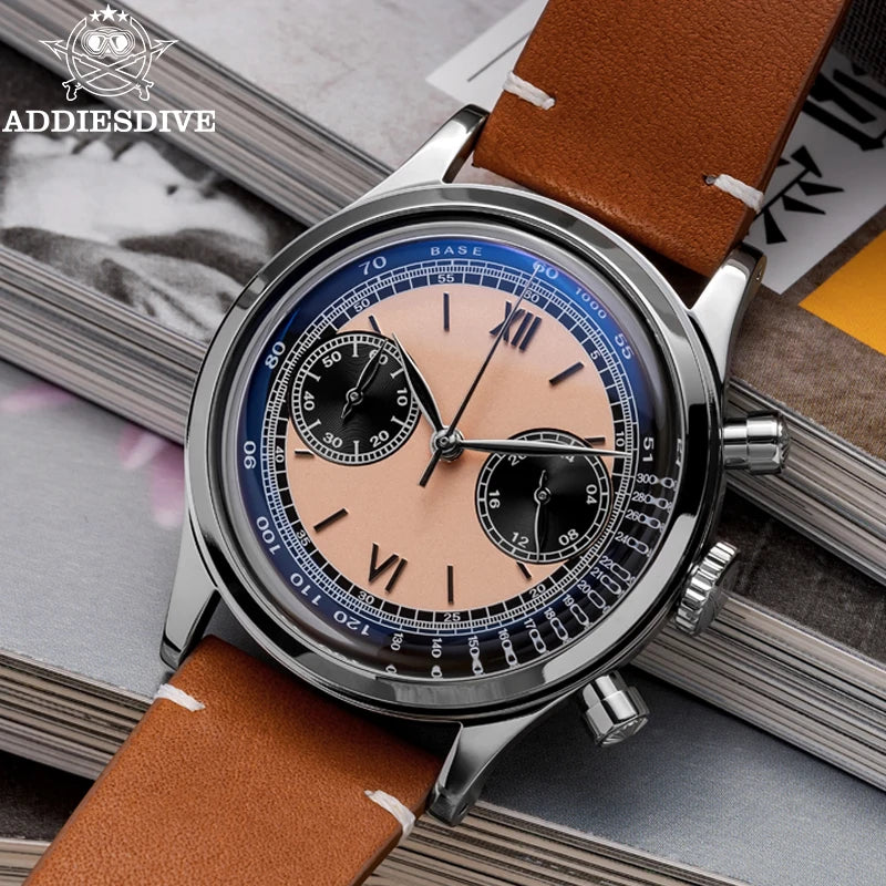 ADDIESDIVE 38MM AD2037 Men Multifunctional Chronograph Watches 10Bar Diving Leather Belt Timing Clocks Quartz Watch Relogios