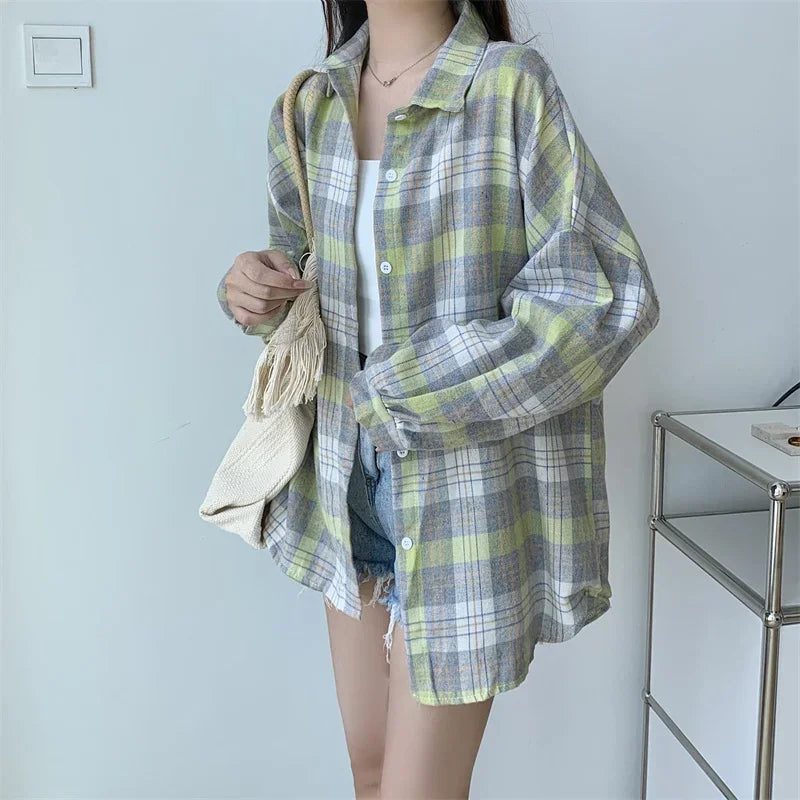 Vintage Plaid Long-Sleeve Blouse