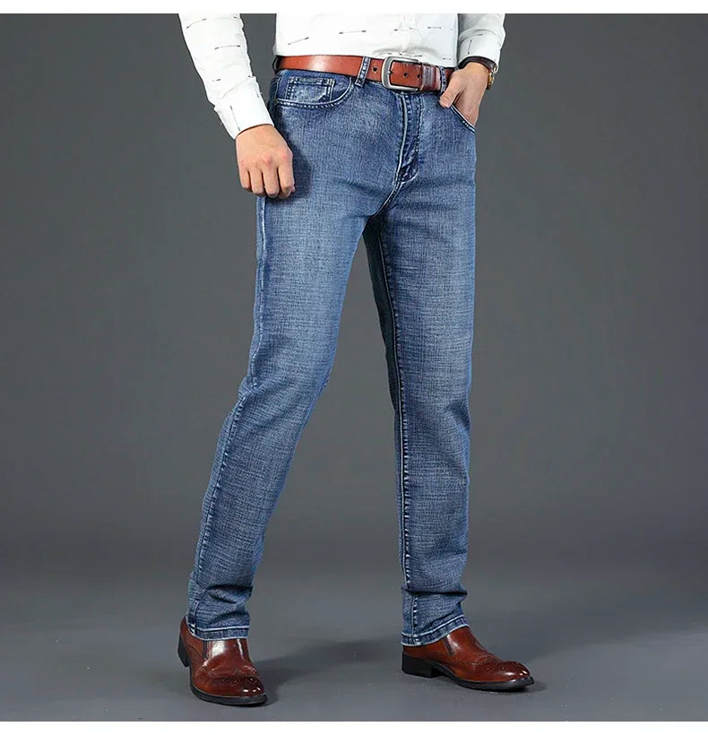 Autumn Winter Men's Jeans Classic Retro Grey Denim Pants Man Work Slim Straight Stretch Cotton Trousers Streetwear Plus Size 40