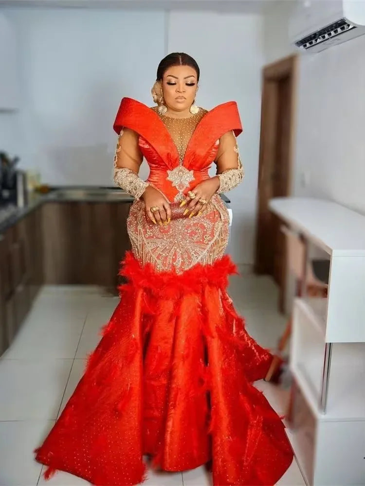 Mermaid Evening Gown | Crystals, Feathers & Beading