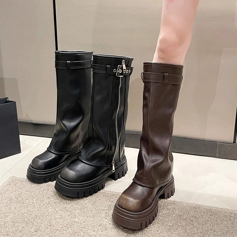 Women's Biker Boots – Belt Buckle Platform Mid-Calf