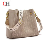 CH New Jacquard Letter Women Bucket Bag Wide Printed Strap Crossbody Purse Large Capacity Ladies Casual Daily Handbag Gift