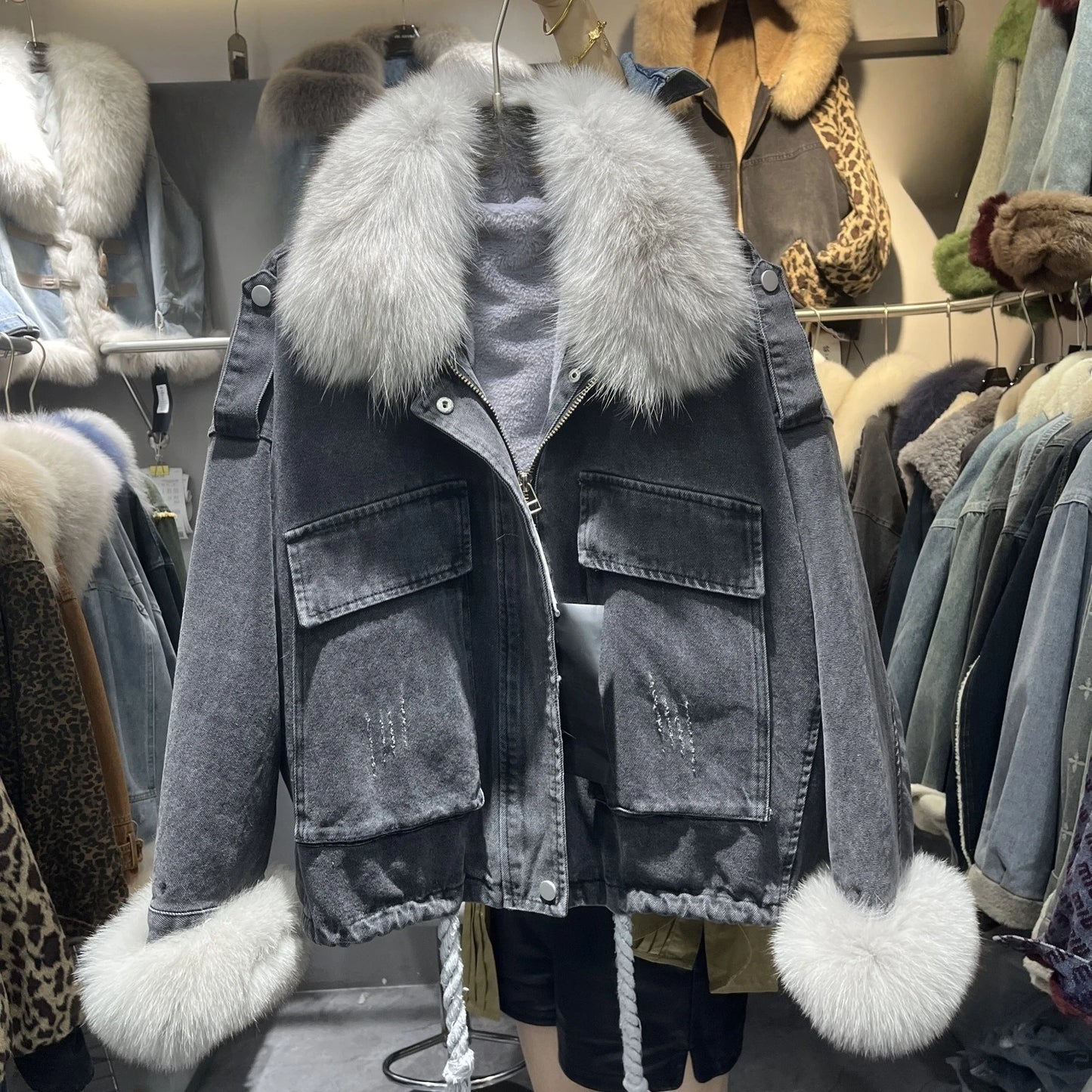 Women's Fox Fur Denim Winter Jacket – 2025 USA Streetwear Edition