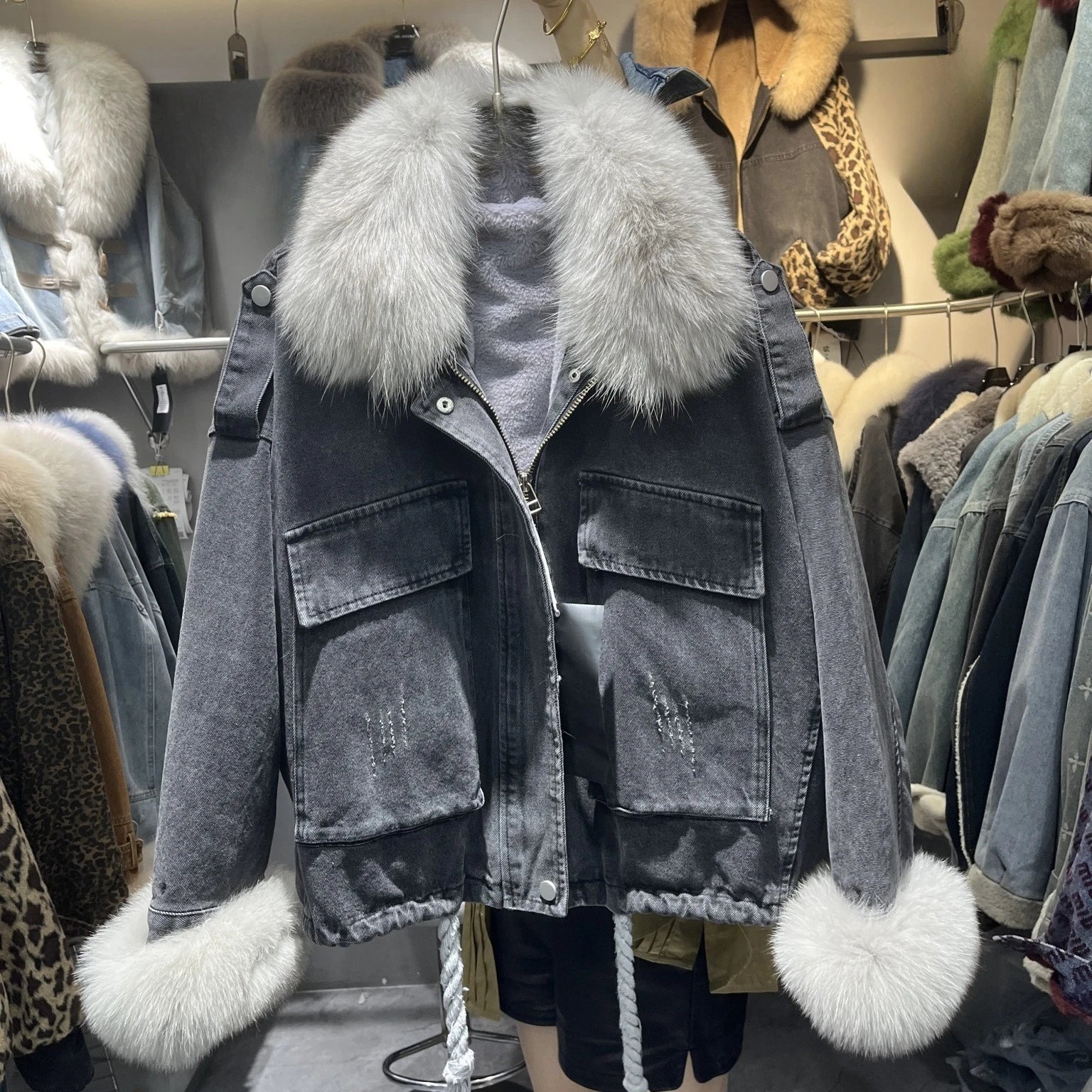 Women's Fox Fur Denim Winter Jacket – 2025 USA Streetwear Edition