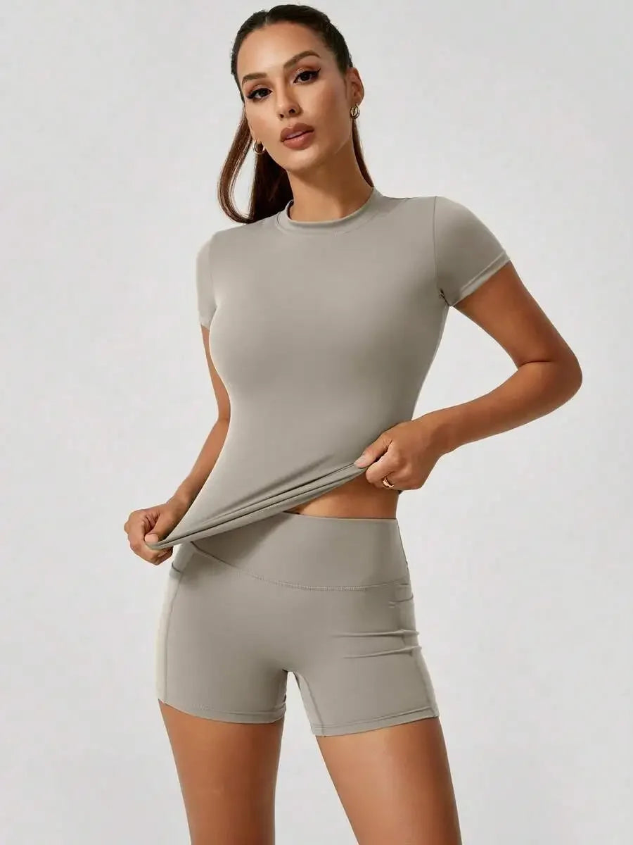 Women's Sculpting Sports Short Sleeve & High-Waist Shorts Set