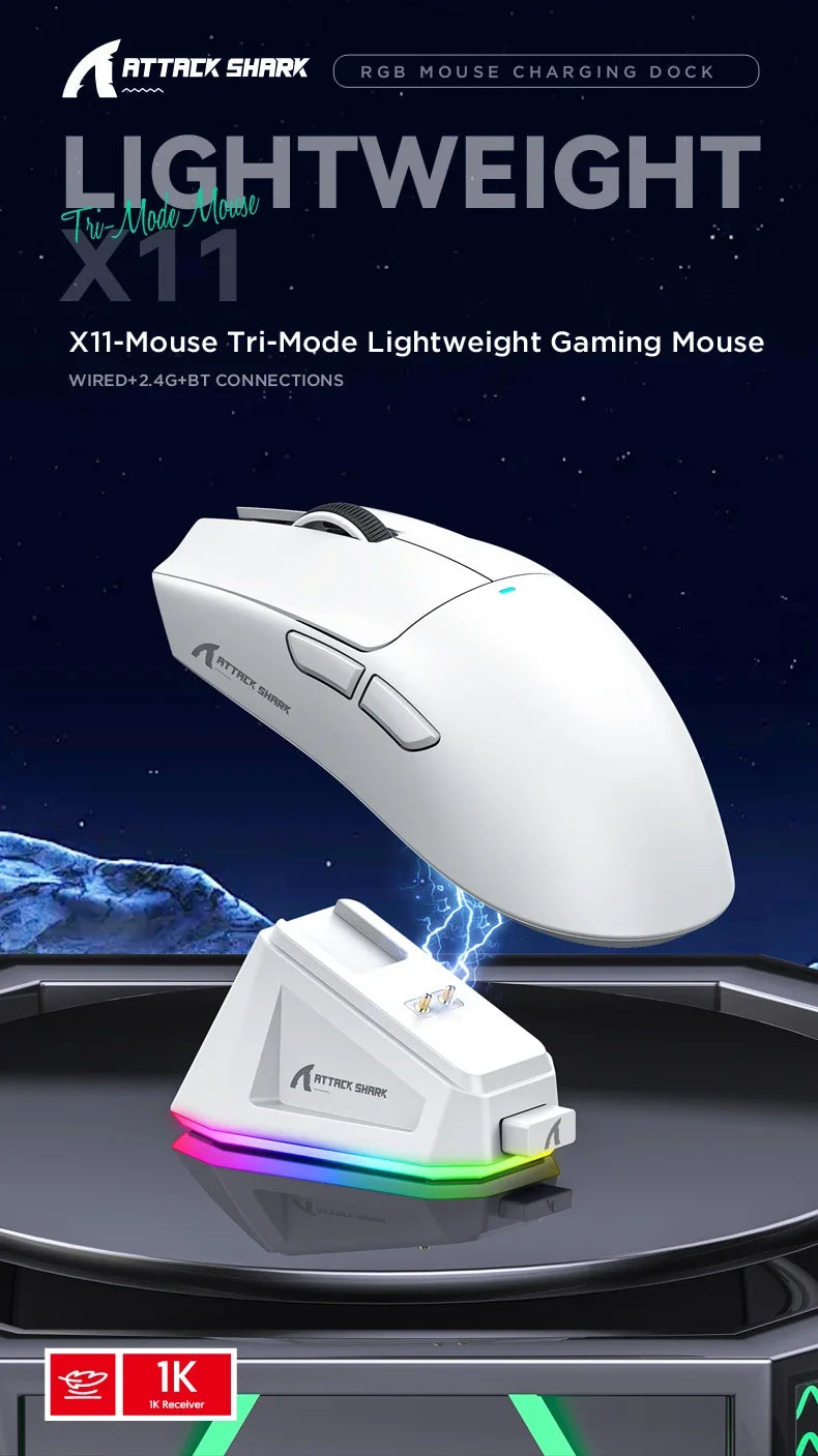 Attack Shark X11 PAW3311 Wireless Bluetooth Mouse, 2.4G 400IPS RGB PC Gaming Mouse